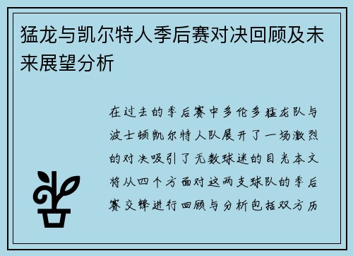 猛龙与凯尔特人季后赛对决回顾及未来展望分析
