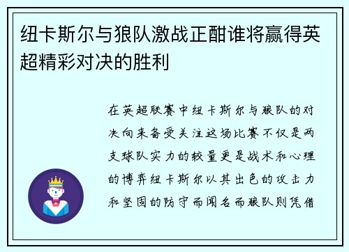 纽卡斯尔与狼队激战正酣谁将赢得英超精彩对决的胜利